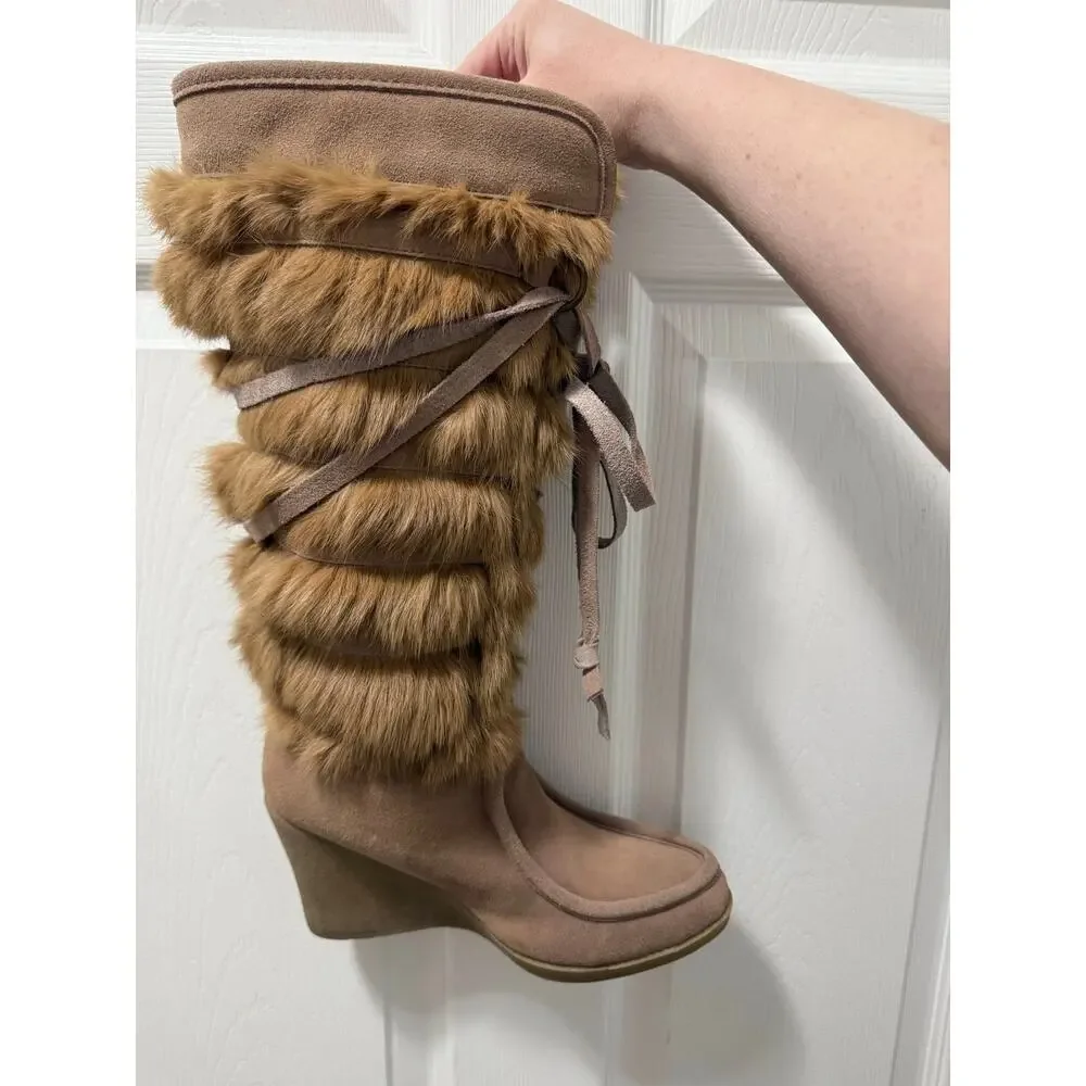 Arleen C Size‎ 8 Suede Sheepskin Rabbit Fur Ski Wedge Boots Tan Knee High Winter